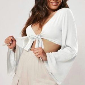 white crinkle tie front crop top